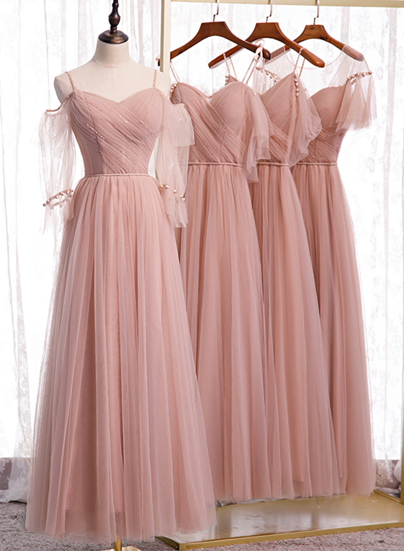 Pink Spaghetti Strap Tulle Long Prom Dress, A-Line Beautiful Evening Dress