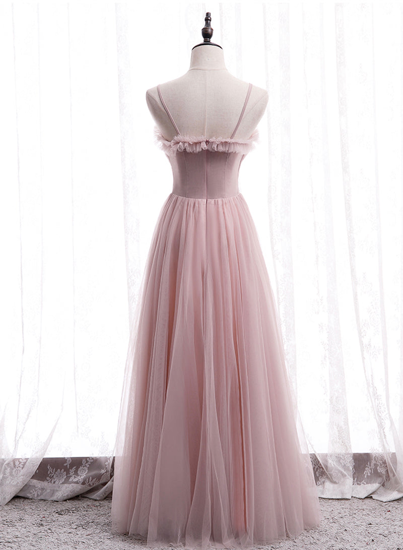 Pink Tulle Long Prom Dress, A-Line Spaghetti Strap Evening Dress