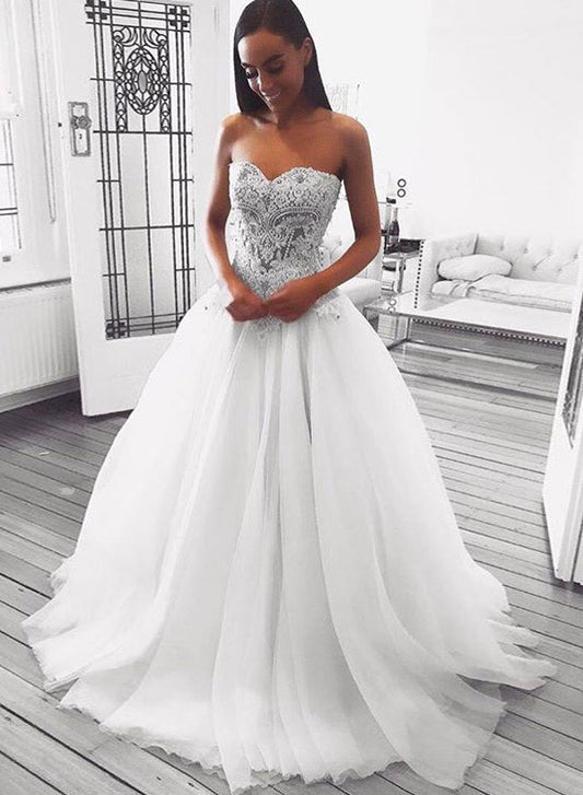 White Sweetheart Neck Lace Floor Length Prom Dress, Beautiful A-Line Evening Party Dress