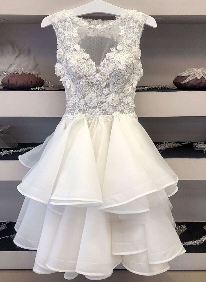 White Tulle Lace Knee Length Prom Dress, A-Line Evening Party Dress