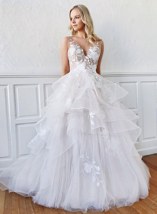 White V-Neck Tulle Lace Floor Length Prom Dress, White A-Line Evening Party Dress
