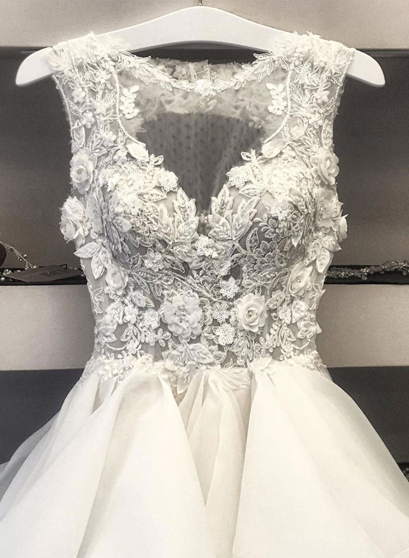 White Tulle Lace Knee Length Prom Dress, A-Line Evening Party Dress