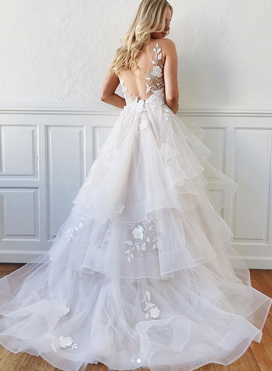 White V-Neck Tulle Lace Floor Length Prom Dress, White A-Line Evening Party Dress