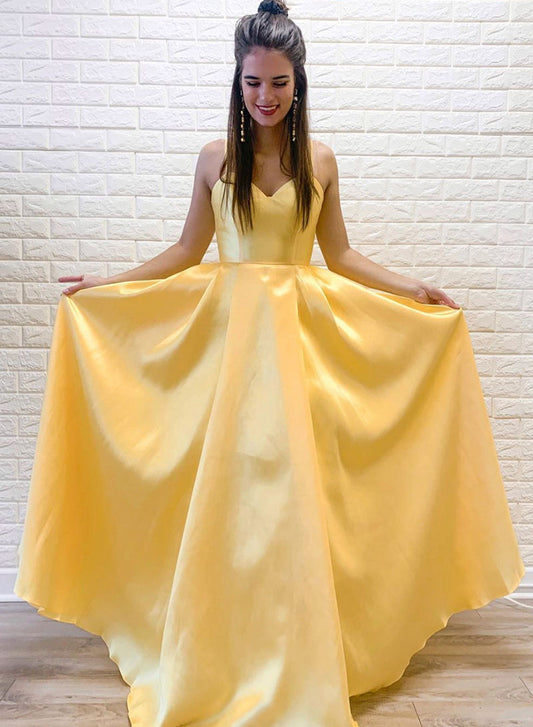 Yellow Spaghetti Strap Satin Long Prom Dress, Beautiful A-line Evening Party Dress