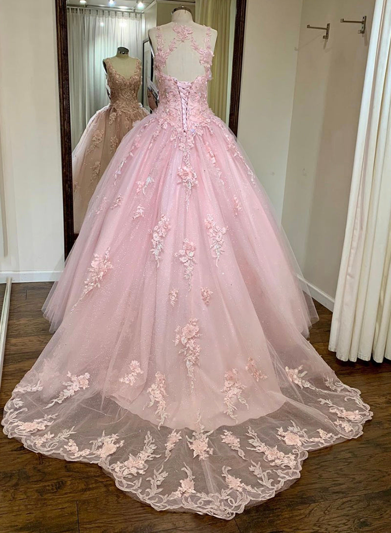 Pink Tulle Lace Long Prom Dress, Beautiful A-Line Open Back Sweet 16 Dress