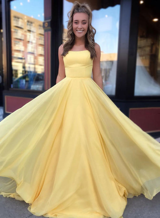 Yellow Spaghetti Strap Backless Prom Dress, Yellow A-Line Chiffon Evening Party Dress