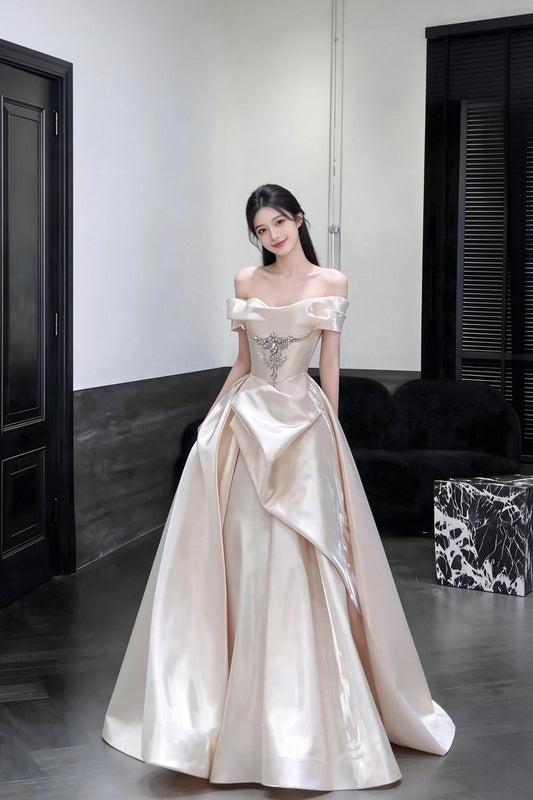 Champagne Satin Long A-Line Prom Party Dress