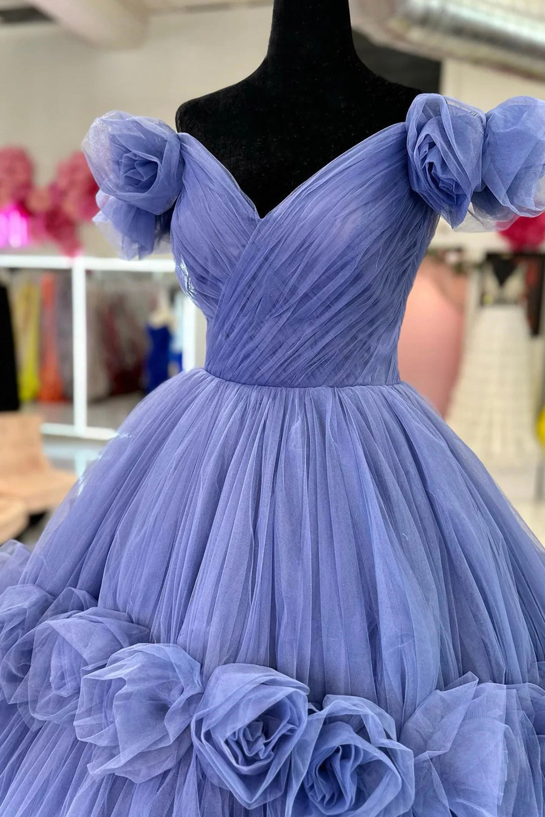 Blue V-Neck Tulle Long Prom Dress with Flowers, Blue Off Shoulder Formal Dress