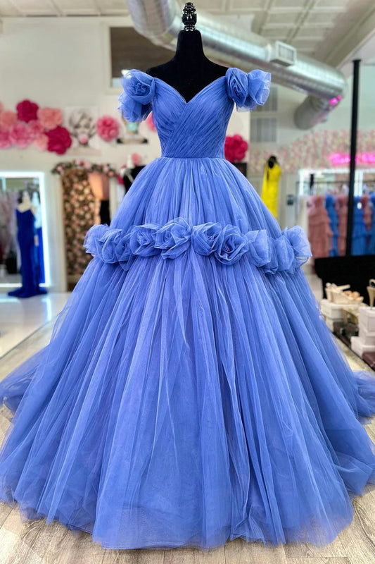 Blue V-Neck Tulle Long Prom Dress with Flowers, Blue Off Shoulder Formal Dress