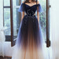 Beautiful Gradient Tulle Long Prom Dress, A-Line Off the Shoulder Lace Evening Dress