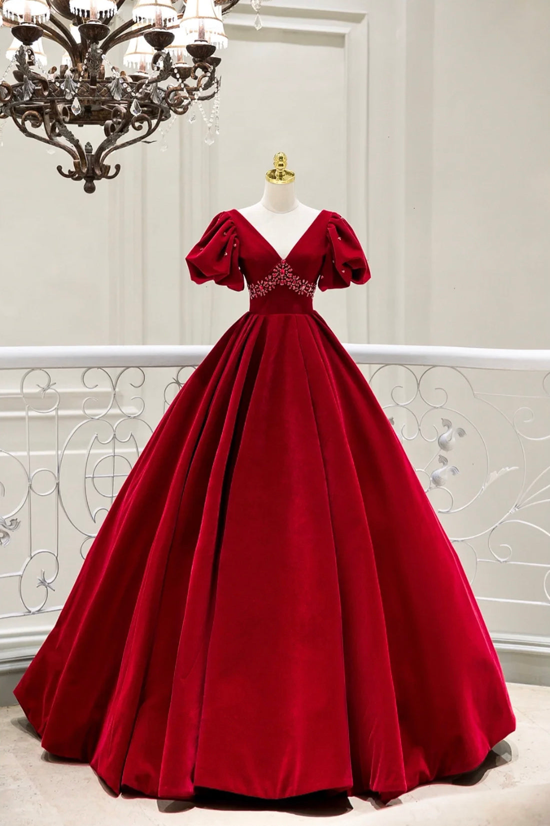 Burgundy V-Neck Velvet Long Prom Gown with Beaded