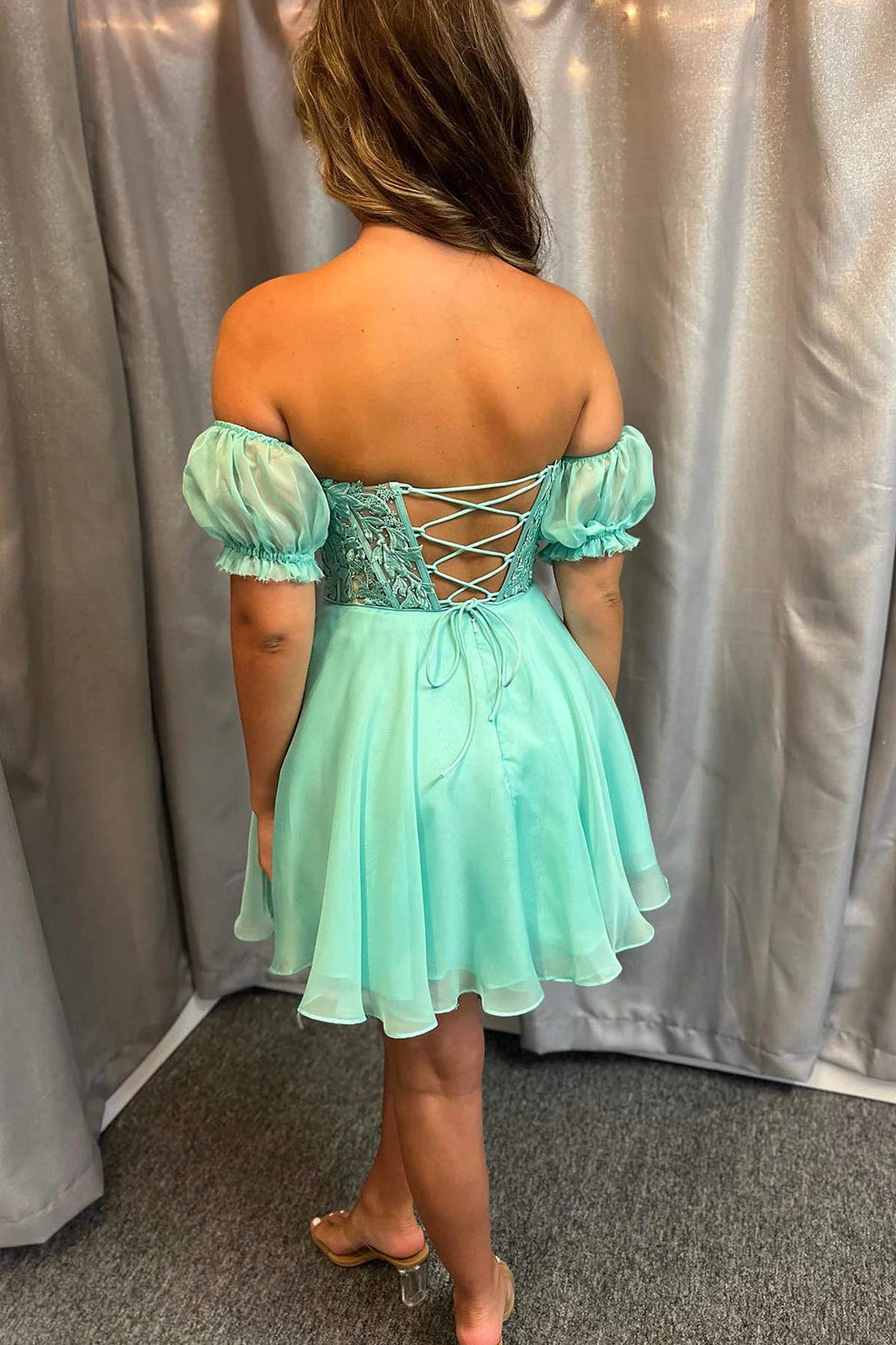 Green Chiffon Lace Short Prom Dress, Off the Shoulder Evening Dress