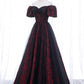 Burgundy Floral Pattern and Black Tulle Long Off Shoulder Prom Dress with Short Sleeves