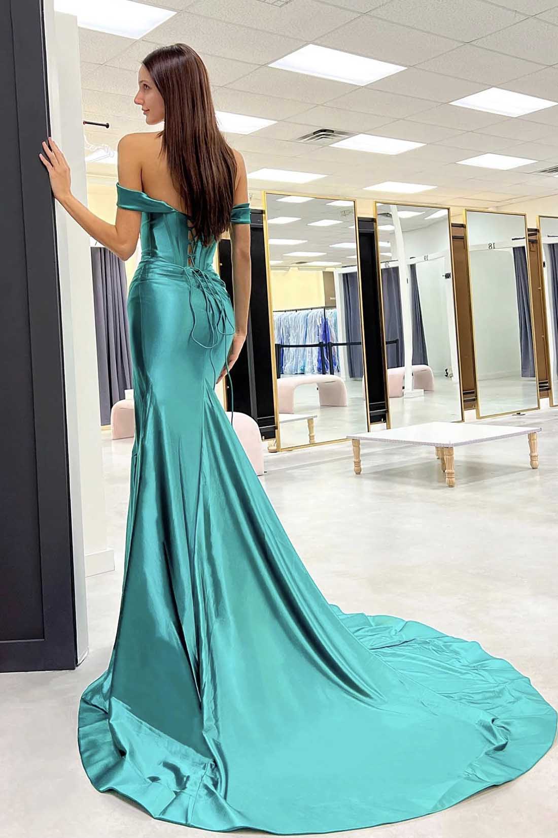 Mermaid Off-the-Shoulder Long Prom Dress, Elegant Satin Corset High Slit Evening Dress