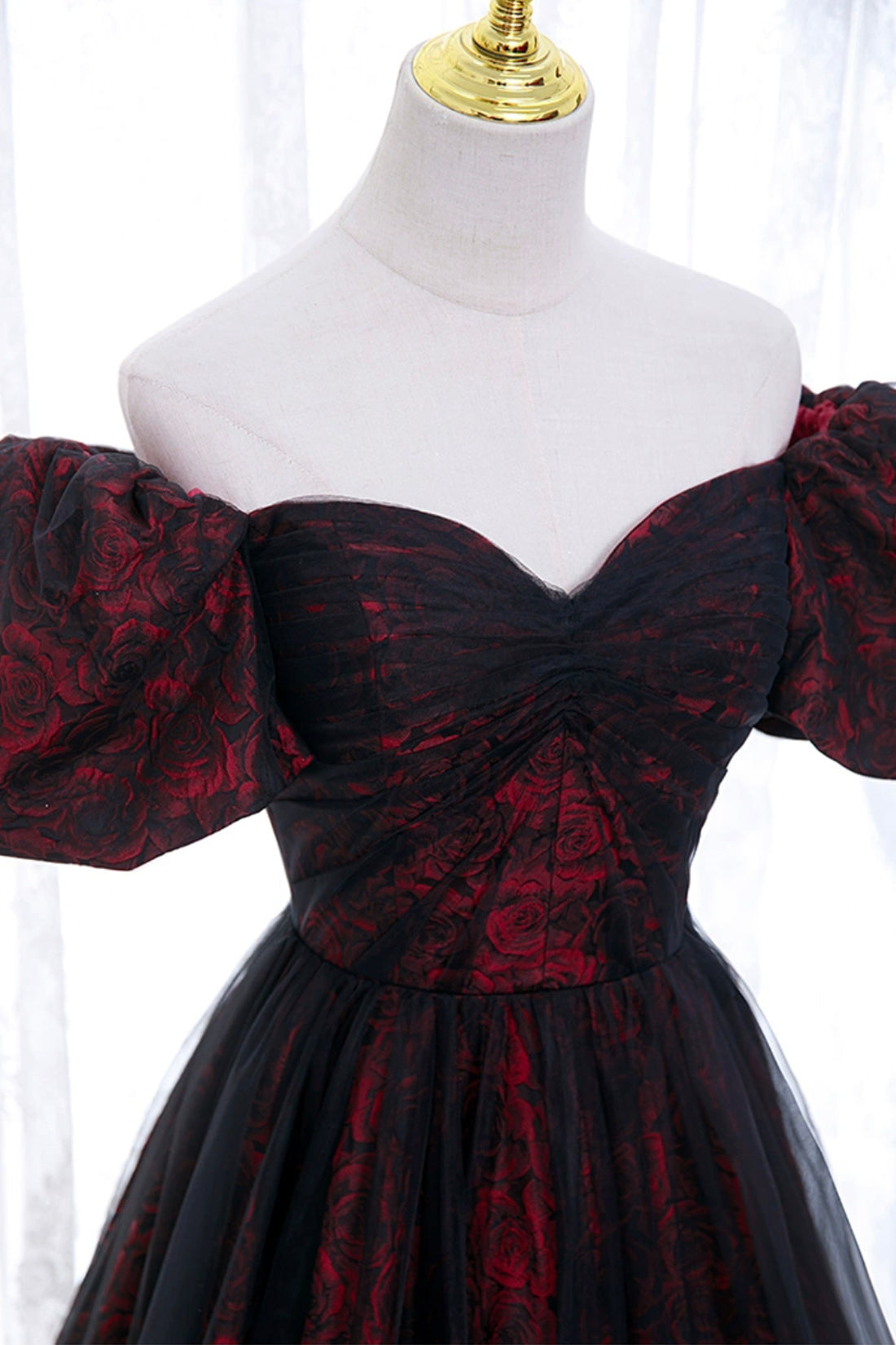 Burgundy Floral Pattern and Black Tulle Long Off Shoulder Prom Dress with Short Sleeves