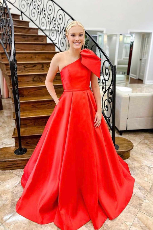 Red Satin One Shoulder Floor Length Prom Dress, Red A-Line Formal Evening Dress