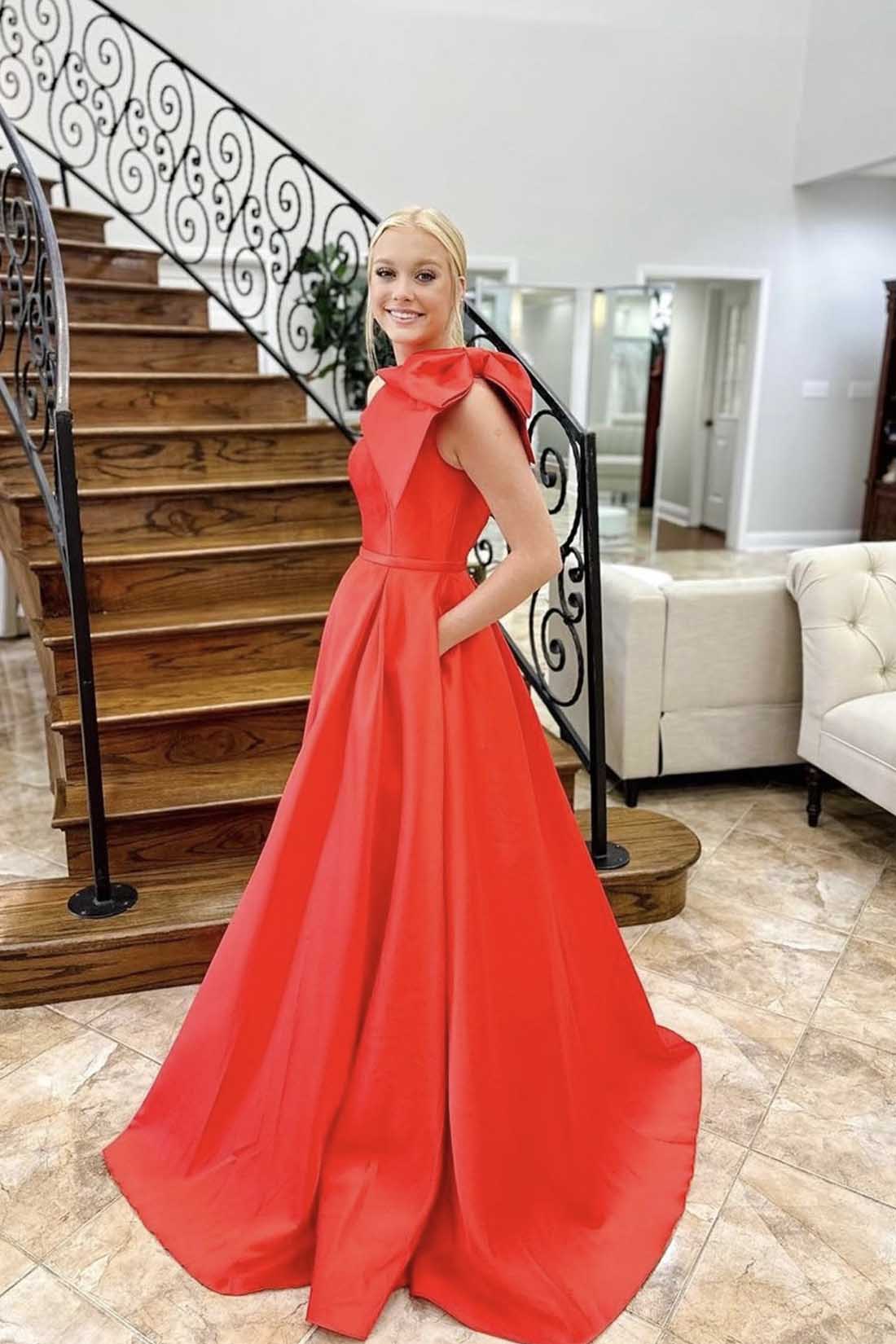 Red Satin One Shoulder Floor Length Prom Dress, Red A-Line Formal Evening Dress