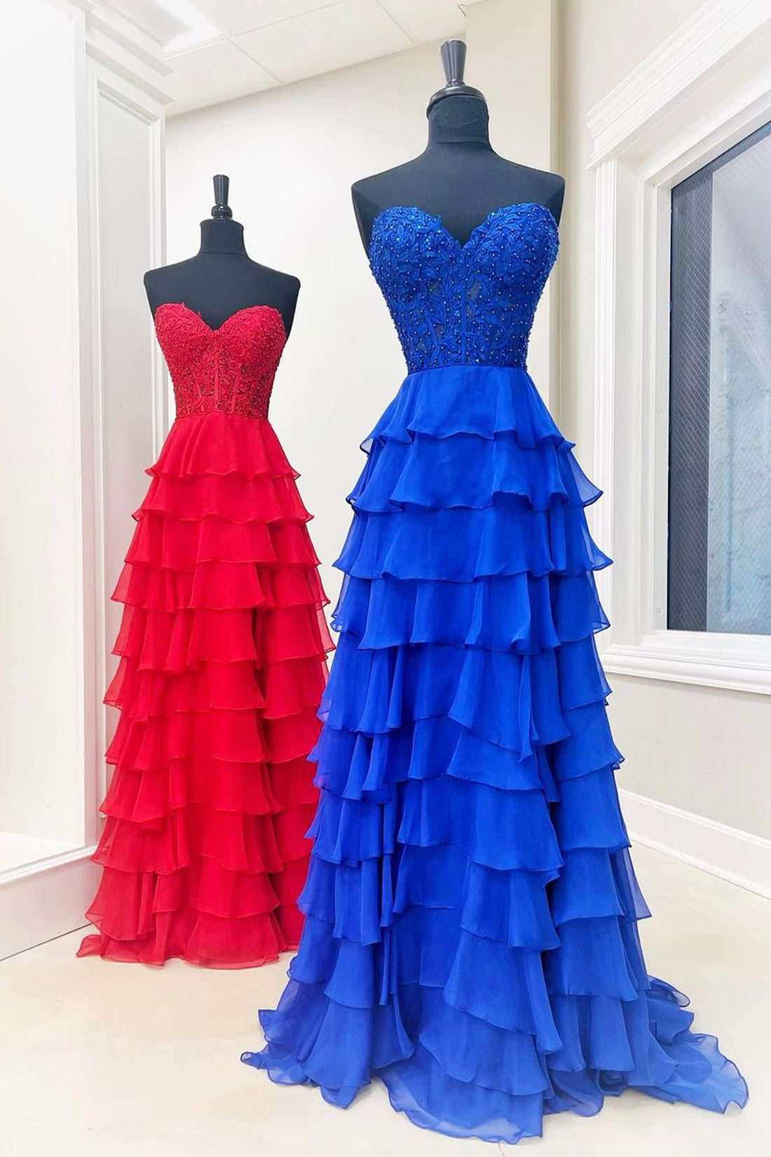 Lovely Strapless Chiffon Lace Long Prom Dress, A-Line Sweetheart Neck Evening Party Dress
