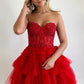 Red Tulle Lace Short Prom Dress, Cute Strapless A-Line Sweetheart Homecoming Dress
