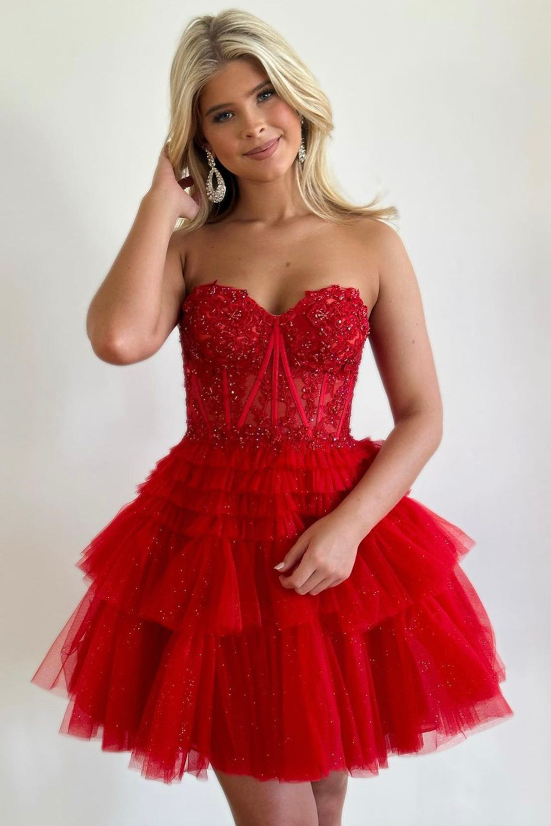 Red Tulle Lace Short Prom Dress, Cute Strapless A-Line Sweetheart Homecoming Dress
