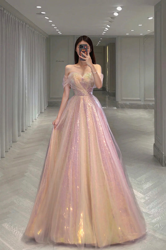 Shiny Sequins Long Prom Dress, Off the Shoulder Formal Evening Dress