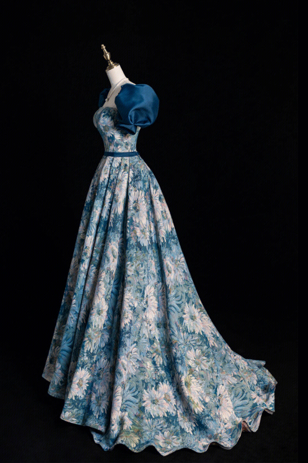 Blue Floral Long A-Line Prom Dress, Elegant Short Sleeve Evening Dress