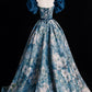 Blue Floral Long A-Line Prom Dress, Elegant Short Sleeve Evening Dress