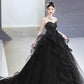 Black Strapless Satin Tulle Long Prom Dress, A-Line Evening Party Dress