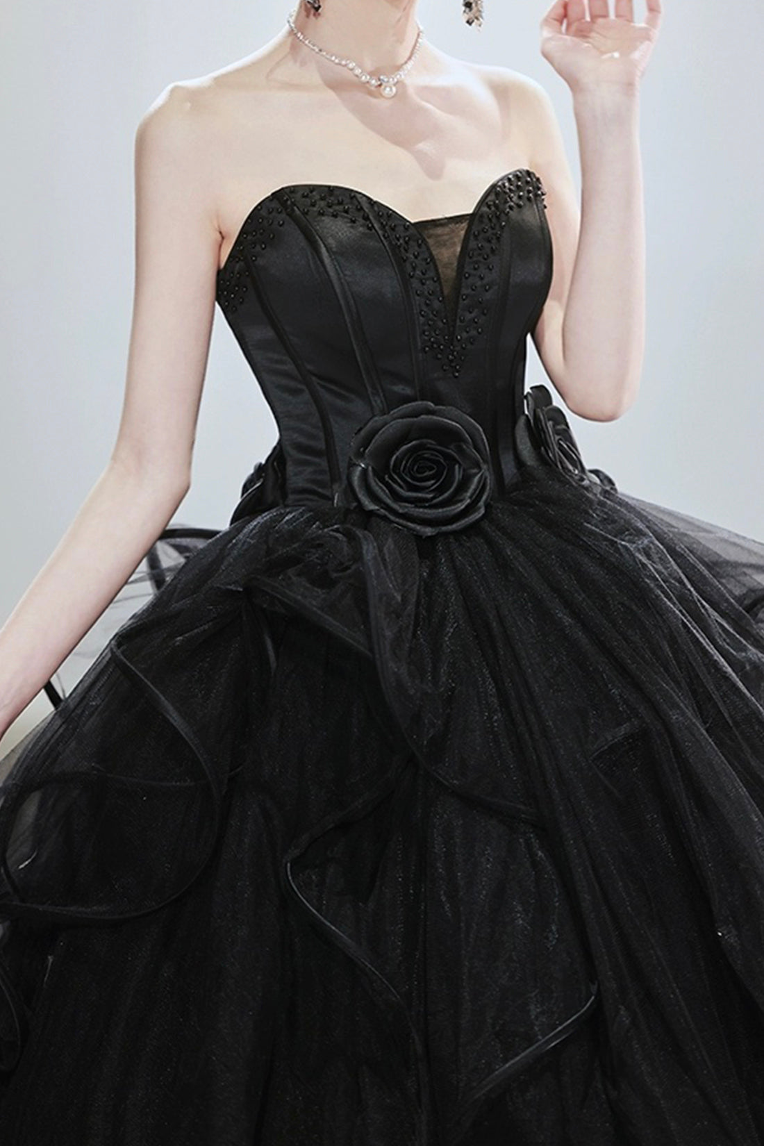 Black Strapless Satin Tulle Long Prom Dress, A-Line Evening Party Dress