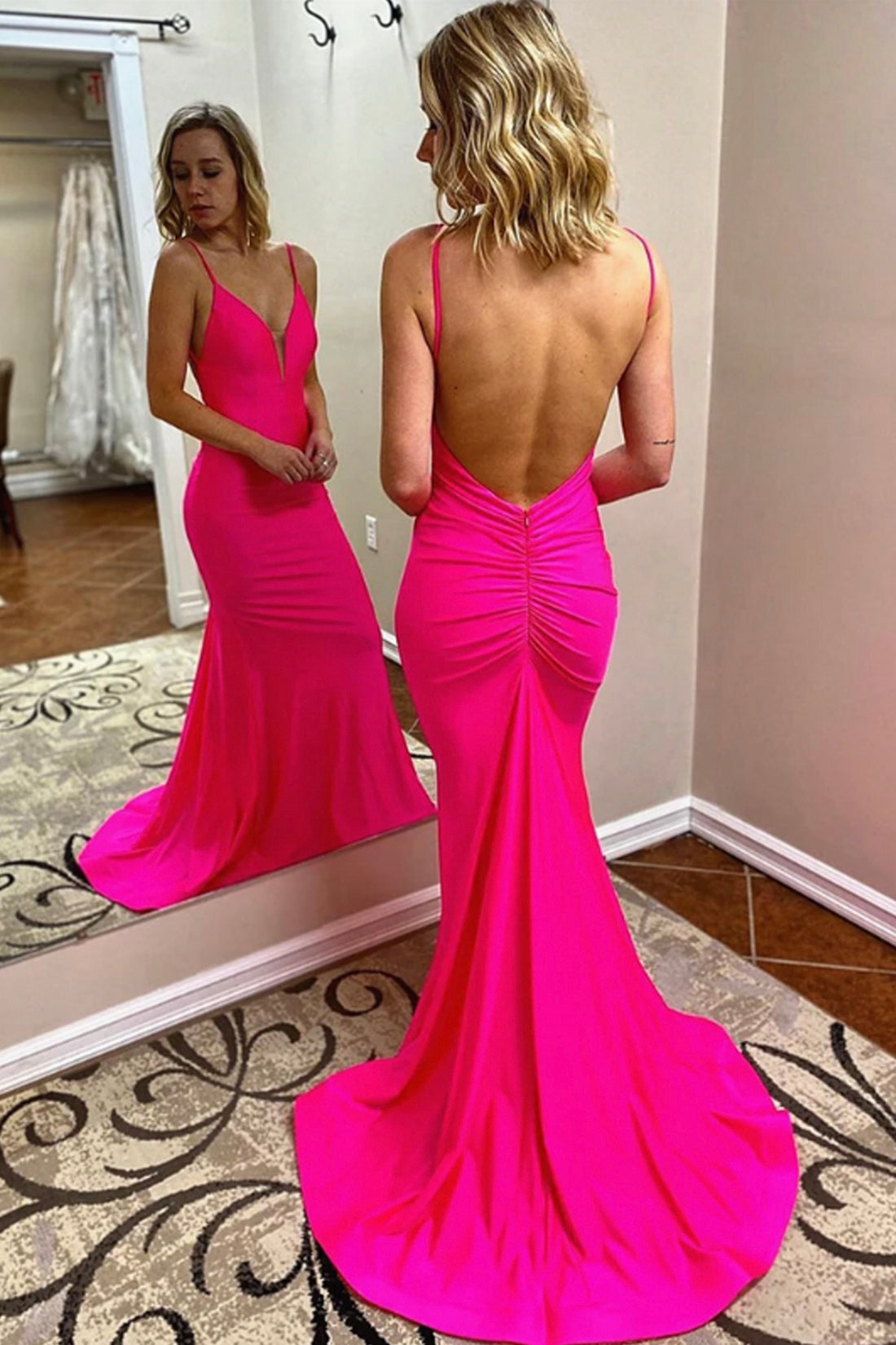 Hot Pink Satin Long Prom Dress, Mermaid Backless Evening Party Dress