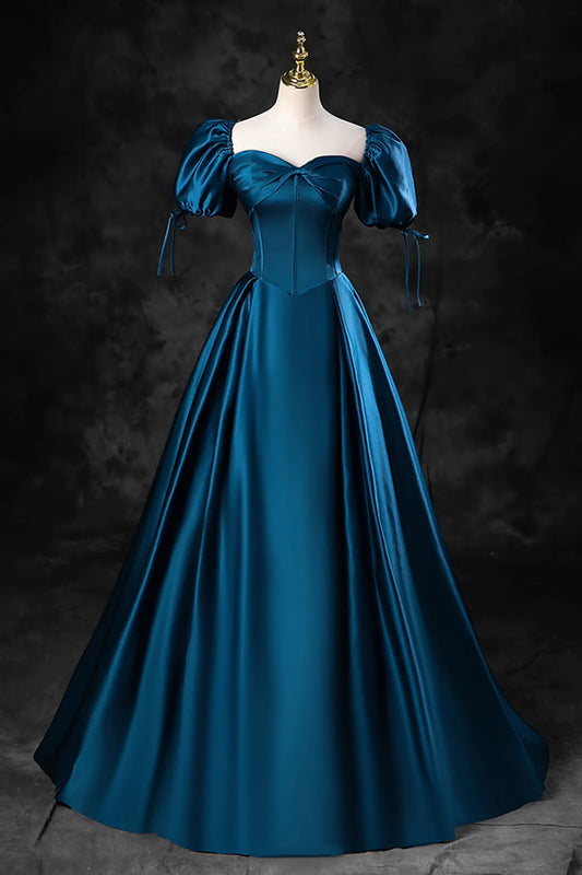 Blue Off the Shoulder Satin Floor Length Prom Dress with Corset