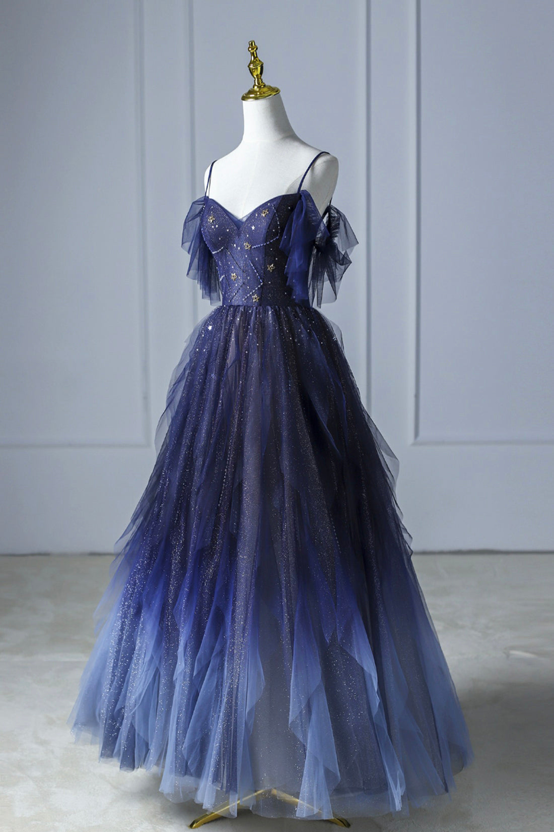 Blue Gradient Tulle Long Prom Dress, A-line Spaghetti Strap Evening Dress