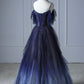 Blue Gradient Tulle Long Prom Dress, A-line Spaghetti Strap Evening Dress