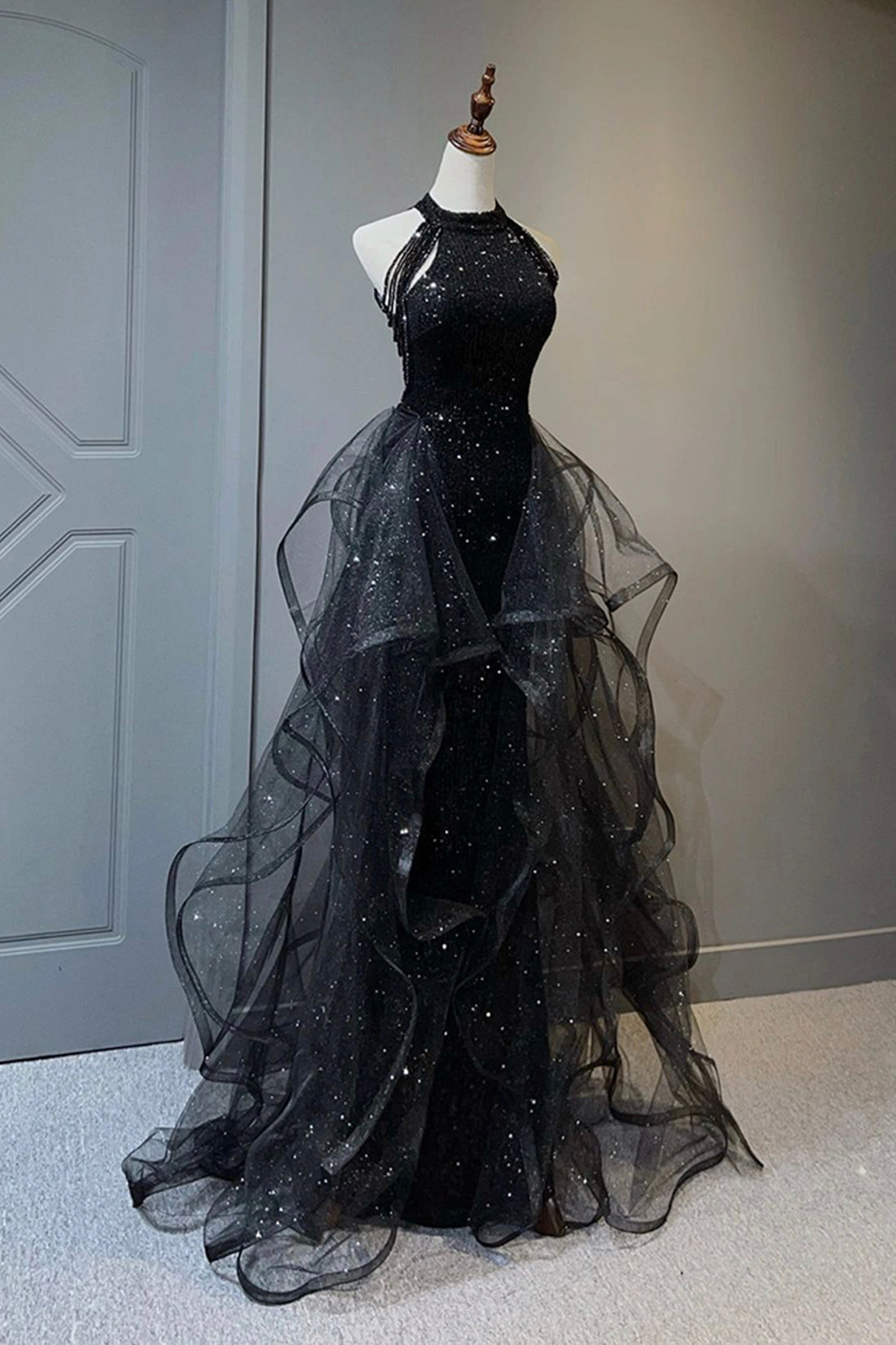 Black Shiny Tulle Long Party Dress with Beaded, Black Evening Dress Party Dress