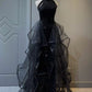 Black Shiny Tulle Long Party Dress with Beaded, Black Evening Dress Party Dress