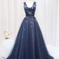 Blue Tulle Beaded Long Prom Dress, Blue A-Line Sweetheart Evening Party Dress