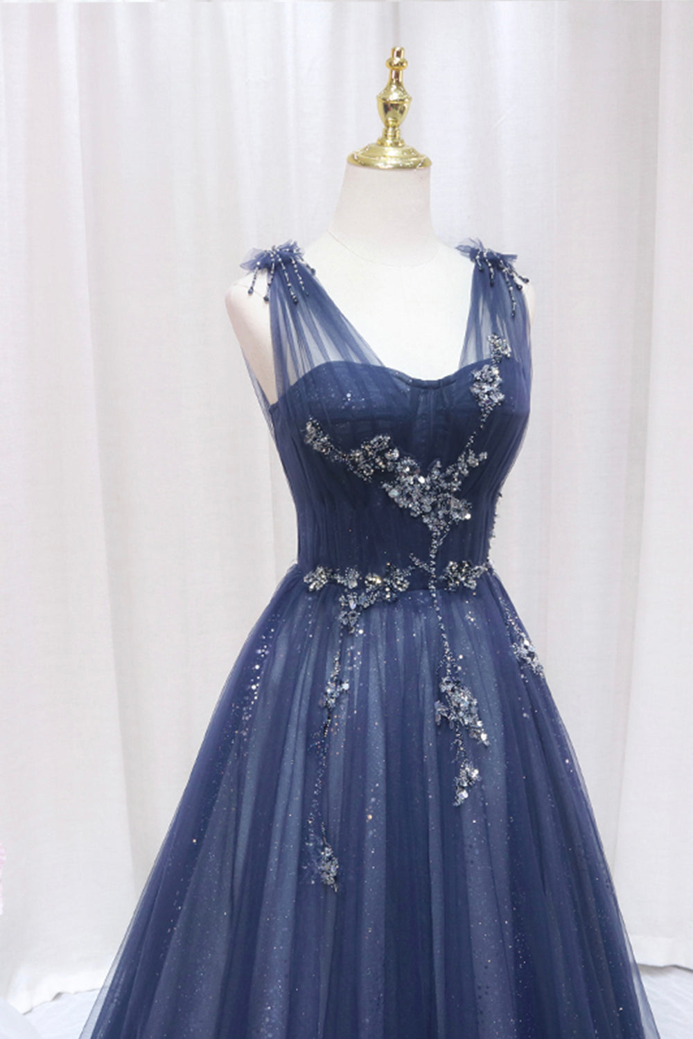 Blue Tulle Beaded Long Prom Dress, Blue A-Line Sweetheart Evening Party Dress