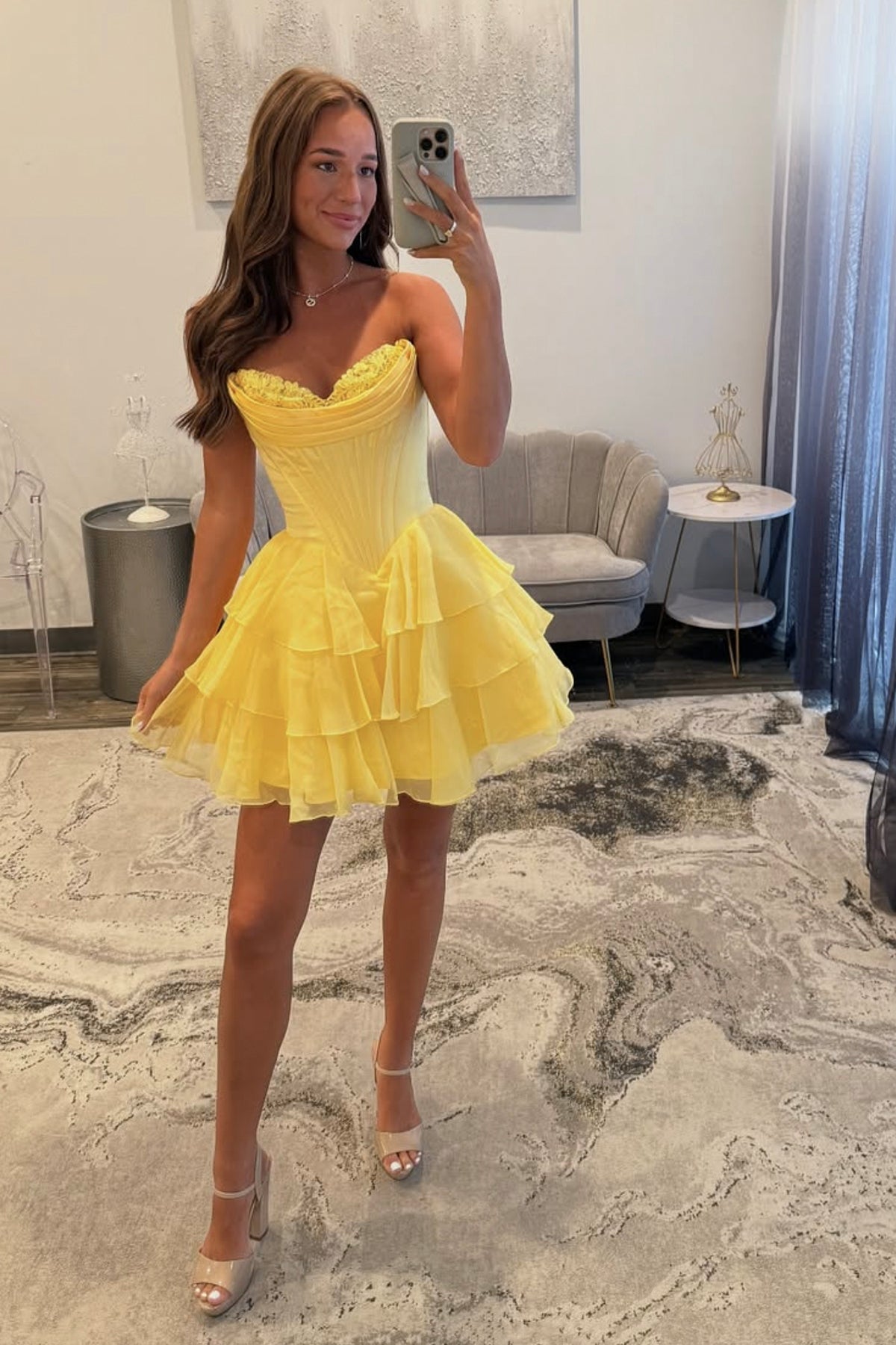 Cute Strapless Chiffon Lace Short Prom Dress, A-line Knee Length Evening Party Dress