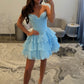 Cute Strapless Chiffon Lace Short Prom Dress, A-line Knee Length Evening Party Dress