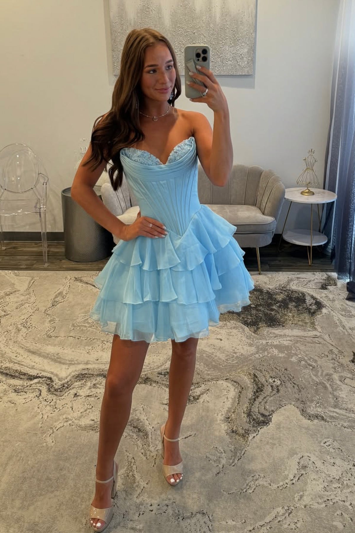 Cute Strapless Chiffon Lace Short Prom Dress, A-line Knee Length Evening Party Dress
