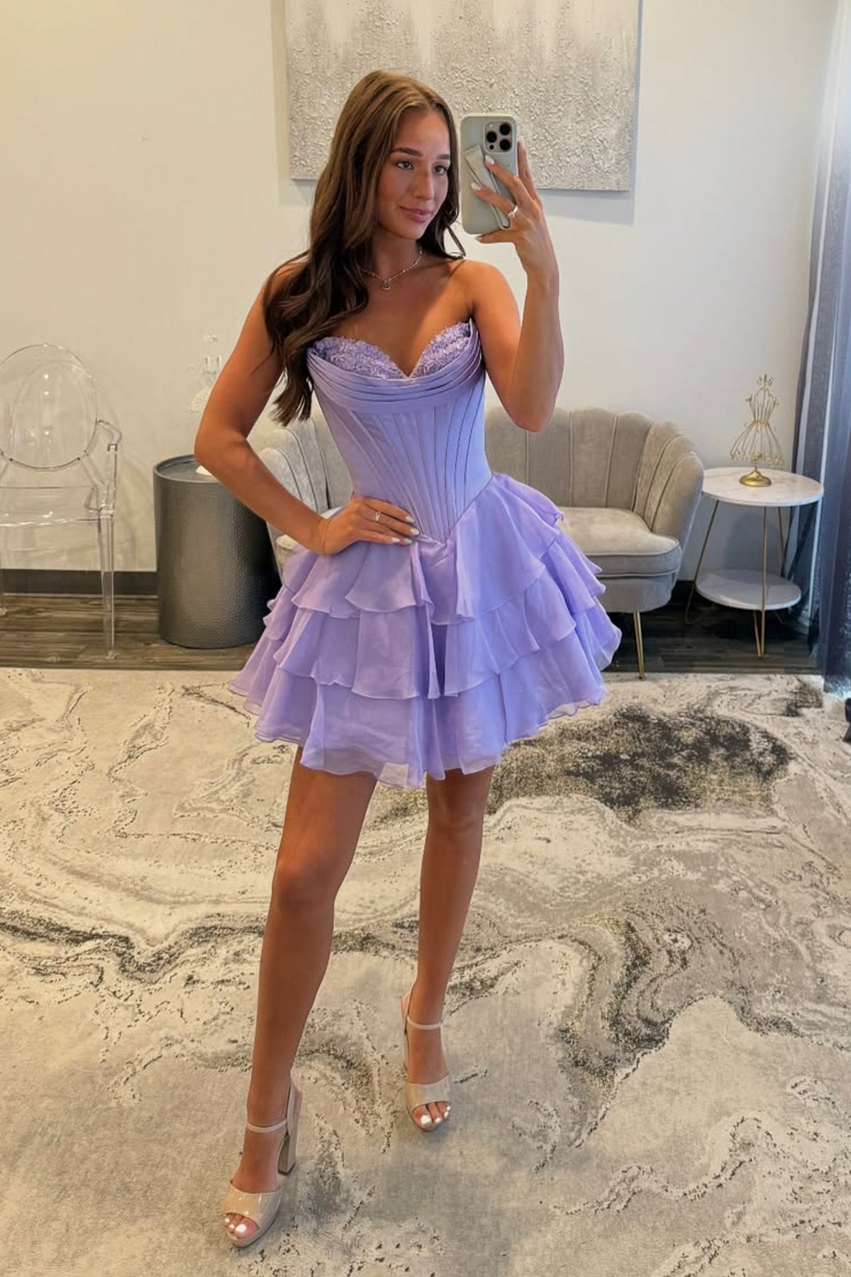 Cute Strapless Chiffon Lace Short Prom Dress, A-line Knee Length Evening Party Dress