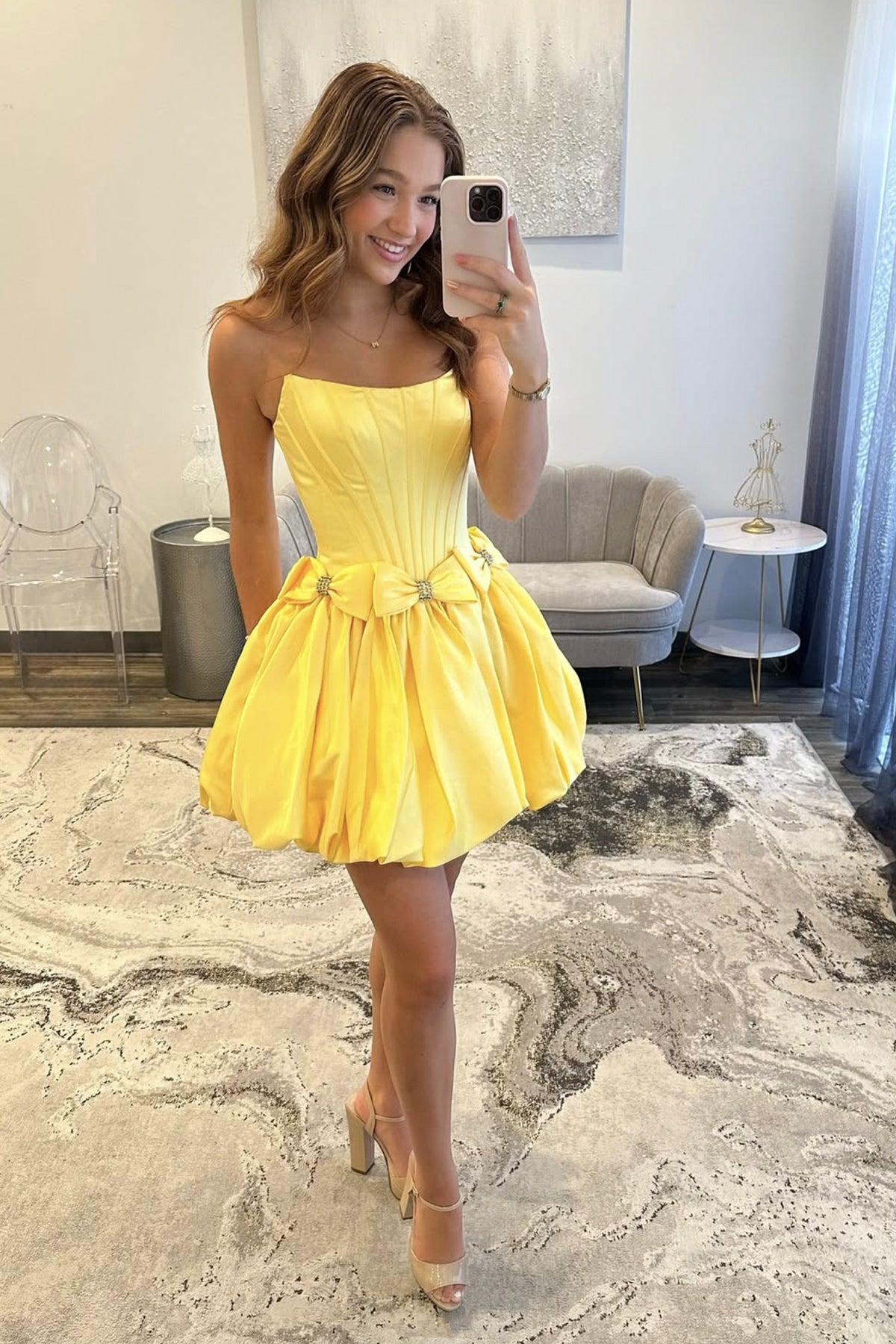 Yellow Strapless Satin Short Prom Dress, Lovely A-line Party Dress