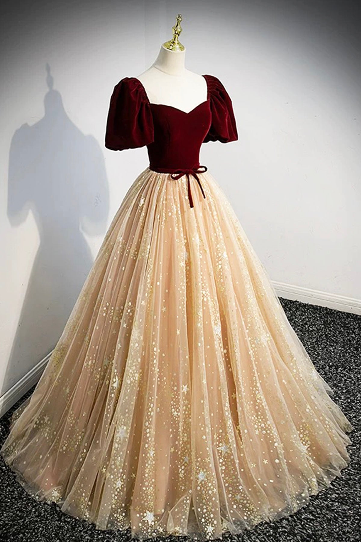 Burgundy Velvet and Champagne Tulle Long Prom Dress, A-Line Evening Party Dress