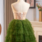 Green A-Line Tulle Sequins Knee Length Party Dress, Lovely Strapless Prom Evening Dress