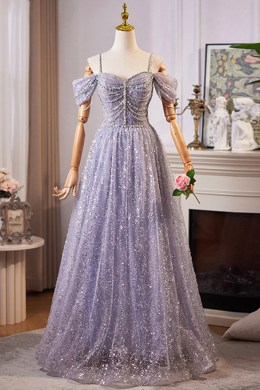 Blue Tulle Sequins Long Prom Dress, Shiny A-Line Evening Party Dress