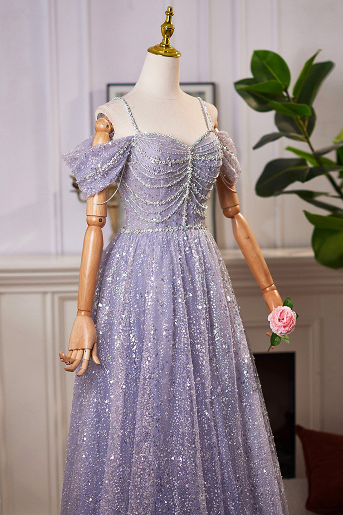 Blue Tulle Sequins Long Prom Dress, Shiny A-Line Evening Party Dress