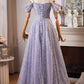 Blue Tulle Sequins Long Prom Dress, Shiny A-Line Evening Party Dress