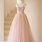 Pink Tulle Floor Length Prom Dress, Off the Shoulder Evening Party Dress