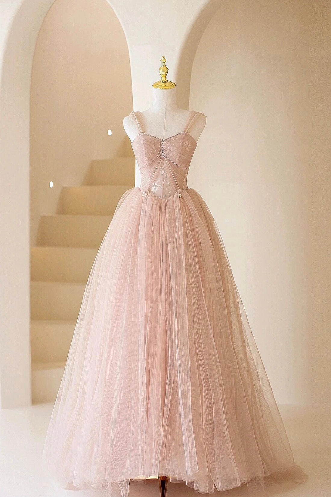 Pink Tulle Floor Length Prom Dress, Off the Shoulder Evening Party Dress