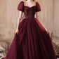 Shiny Tulle Short Sleeves Floor Length Party Dress, A-Line Burgundy Prom Evening Dress